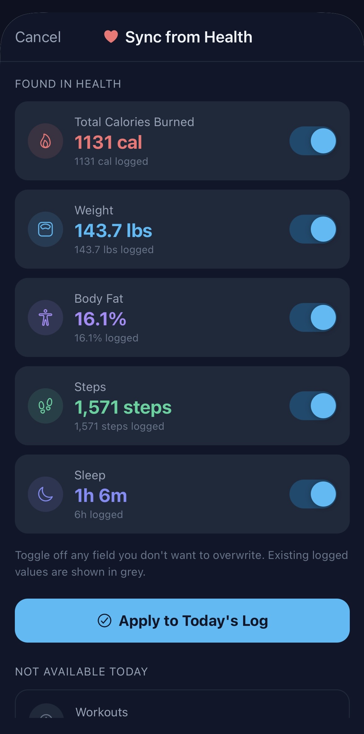BodyLens Health Sync screen showing imported steps, calories, and workouts
