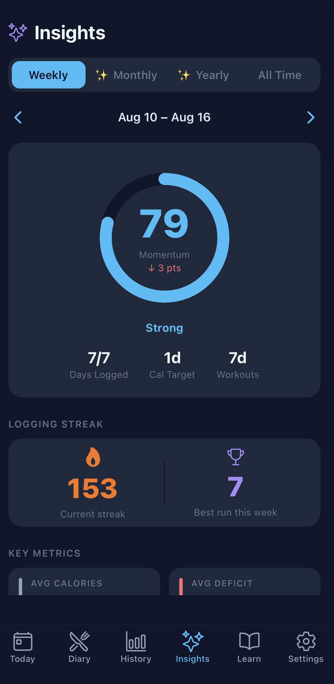 BodyLens Insights screen showing an AI-generated weekly narrative