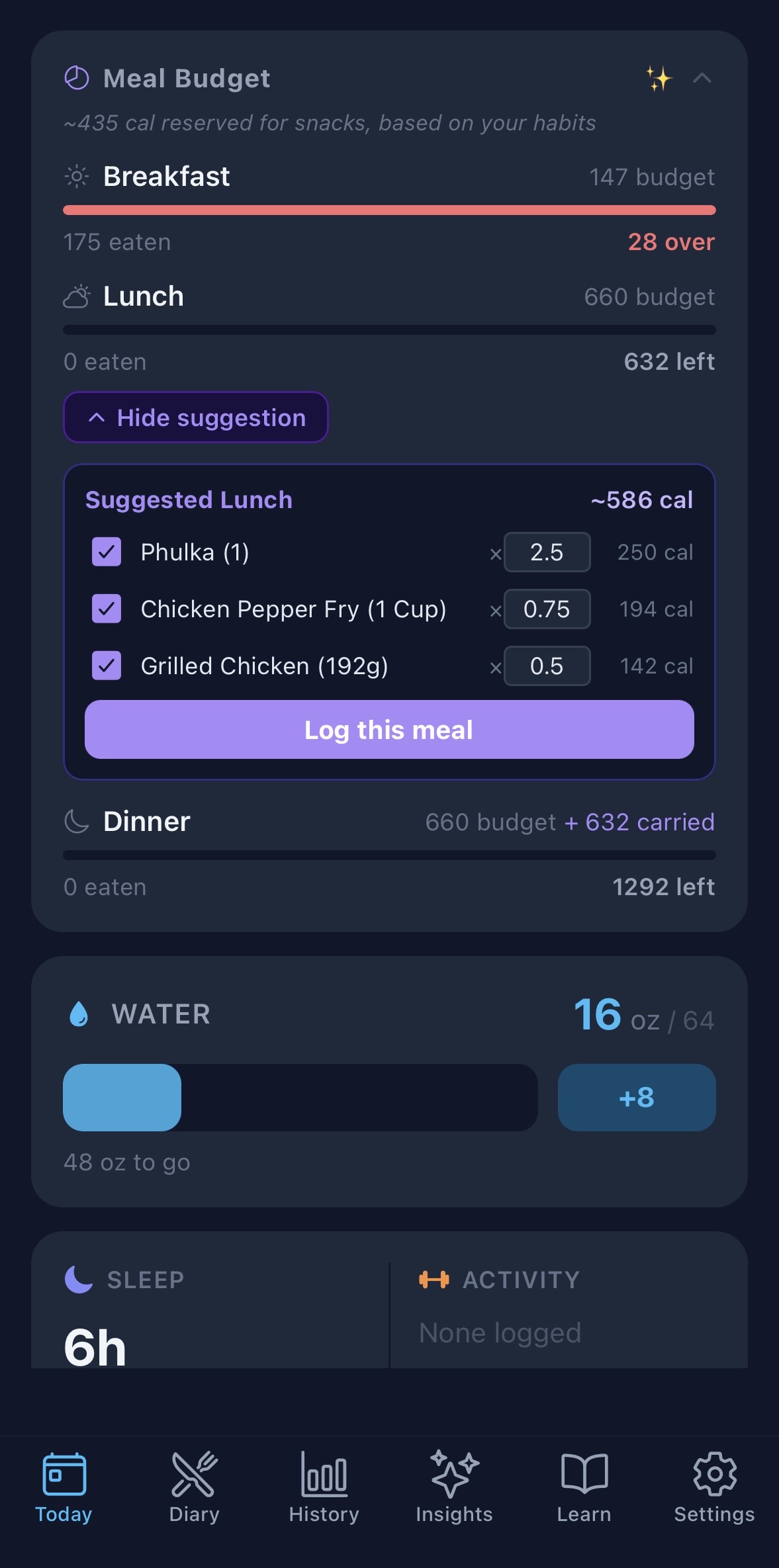 BodyLens Meal Budget card showing breakfast, lunch, and dinner calorie budgets