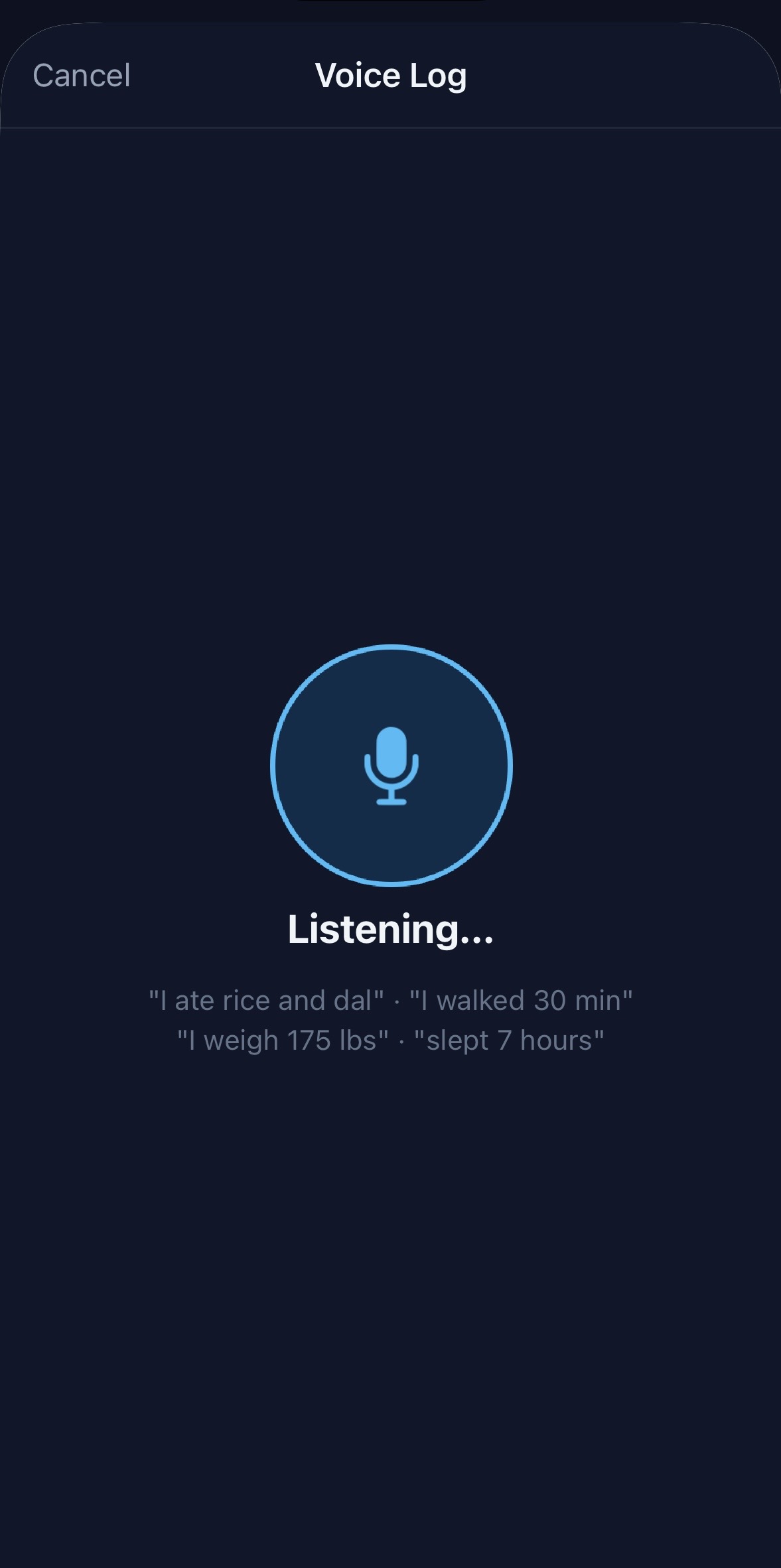 BodyLens voice logging modal actively listening